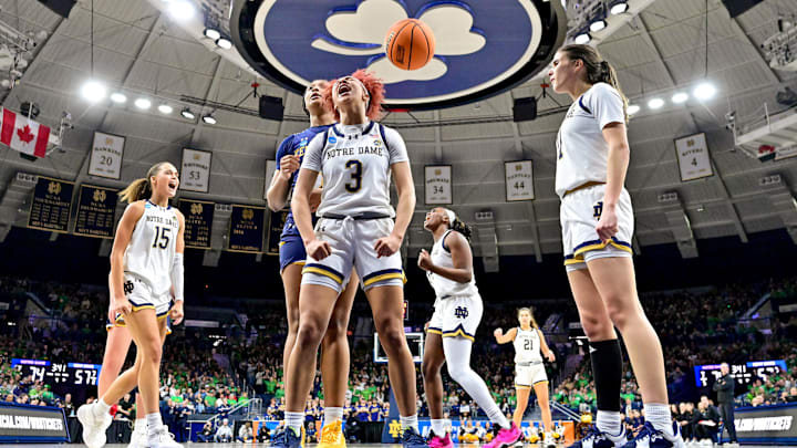 Mar 23, 2024; South Bend, Indiana, USA; Notre Dame Fighting Irish guard Hannah Hidalgo (3) reacts after a basket in the second half against the Kent State Golden Flashes at the Purcell Pavilion. Notre Dame won 81-67. Mar 23, 2024; South Bend, Indiana, USA; Notre Dame Fighting Irish guard Hannah Hidalgo (3) reacts after a basket in the second half against the Kent State Golden Flashes at the Purcell Pavilion. Notre Dame won 81-67.