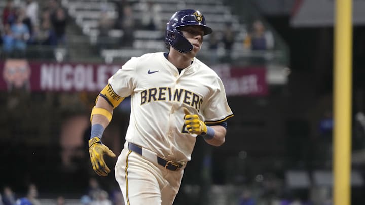 Apr 1, 2025; Milwaukee, Wisconsin, USA; Milwaukee Brewers outfielder Christian Yelich (22) rounds the bases after hitting a home run against the Kansas City Royals in the eighth inning at American Family Field. Mandatory Credit: Michael McLoone-Imagn Images Apr 1, 2025; Milwaukee, Wisconsin, USA; Milwaukee Brewers outfielder Christian Yelich (22) rounds the bases after hitting a home run against the Kansas City Royals in the eighth inning at American Family Field. Mandatory Credit: Michael McLoone-Imagn Images