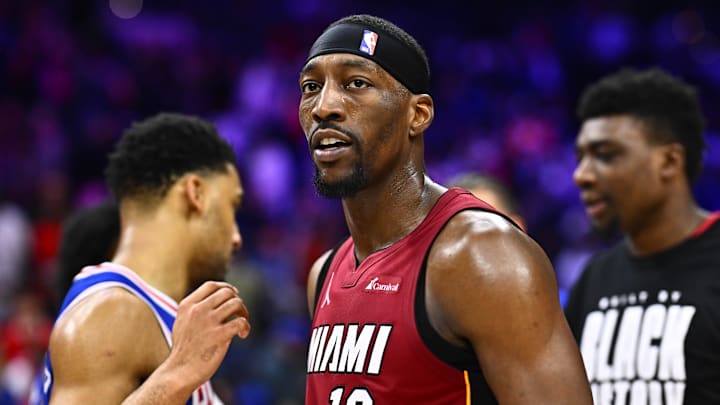Feb 14, 2024; Philadelphia, Pennsylvania, USA; Miami Heat center Bam Adebayo (13) looks on after a play against the Sixers. 