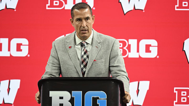 Jul 23, 2024; Indianapolis, IN, USA; Wisconsin Badgers head coach Luke Fickell speaks to the media during the Big 10 football media day at Lucas Oil Stadium. Mandatory Credit: Robert Goddin-USA TODAY Sports Jul 23, 2024; Indianapolis, IN, USA; Wisconsin Badgers head coach Luke Fickell speaks to the media during the Big 10 football media day at Lucas Oil Stadium. Mandatory Credit: Robert Goddin-USA TODAY Sports
