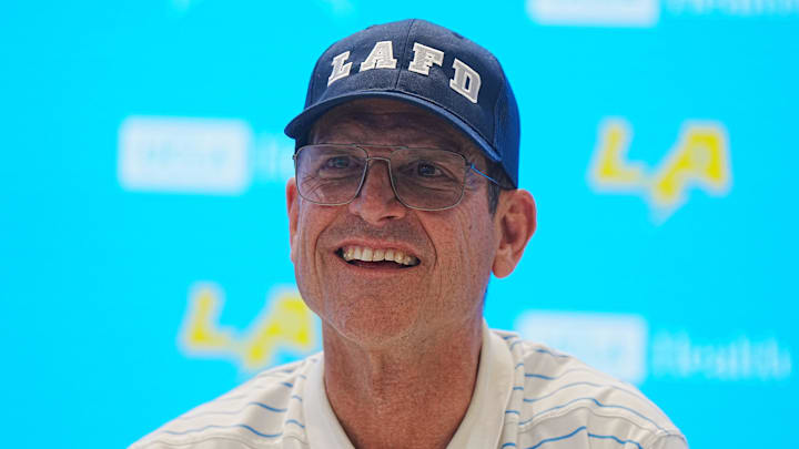 Los Angeles Chargers coach Jim Harbaugh at a press conference at The Bolt. Los Angeles Chargers coach Jim Harbaugh at a press conference at The Bolt.