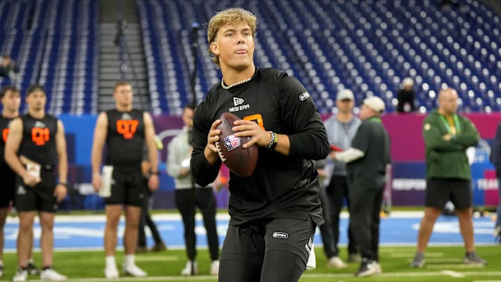 Ole Miss quarterback Jaxson Dart during the 2025 NFL scouting combine at Lucas Oil Stadium.