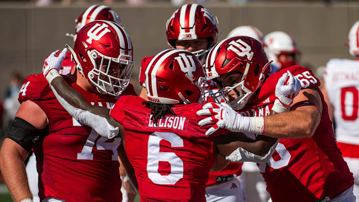 Indiana's Justice Ellison (6) celebrates a touchdown against Nebraska at Memorial Stadium. Indiana's Justice Ellison (6) celebrates a touchdown against Nebraska at Memorial Stadium.