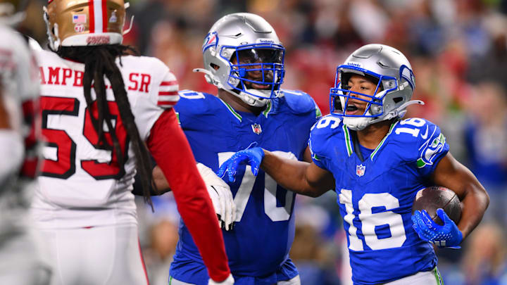 Oct 10, 2024; Seattle, Washington, USA; Seattle Seahawks wide receiver Tyler Lockett (16) celebrates after scoring a touchdown against the San Francisco 49ers during the second half at Lumen Field. Oct 10, 2024; Seattle, Washington, USA; Seattle Seahawks wide receiver Tyler Lockett (16) celebrates after scoring a touchdown against the San Francisco 49ers during the second half at Lumen Field.