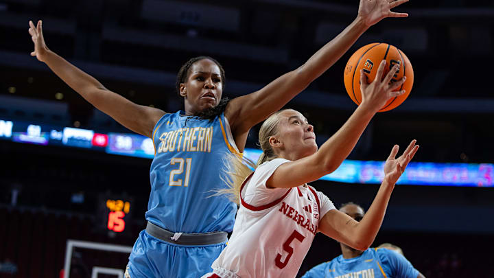 Nebraska basketball guard Alberte Rimdal (5) tries to score against Southern.