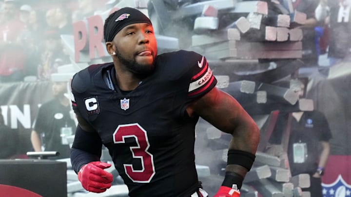 Arizona Cardinals safety Budda Baker (3) during player introductions before facing the Los Angeles Rams at State Farm Stadium in Glendale on Nov. 26, 2023.