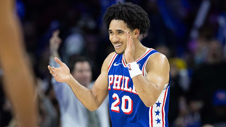 Nov 10, 2024; Philadelphia, Pennsylvania, USA; Philadelphia 76ers guard Jared McCain (20) reacts after scoring against the Charlotte Hornets during the third quarter at Wells Fargo Center. Mandatory Credit: Bill Streicher-Imagn Images