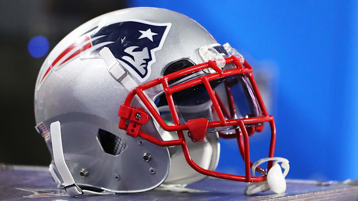 Sep 11, 2016; Glendale, AZ, USA; Detailed view of a New England Patriots helmet against the Arizona Cardinals at University of Phoenix Stadium. The Patriots defeated the Cardinals 23-21. Mandatory Credit: Mark J. Rebilas-Imagn Images