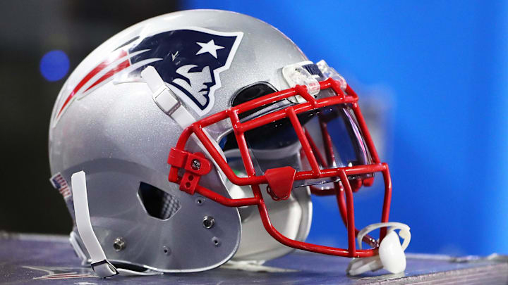 Sep 11, 2016; Glendale, AZ, USA; Detailed view of a New England Patriots helmet against the Arizona Cardinals at University of Phoenix Stadium. The Patriots defeated the Cardinals 23-21. Mandatory Credit: Mark J. Rebilas-Imagn Images