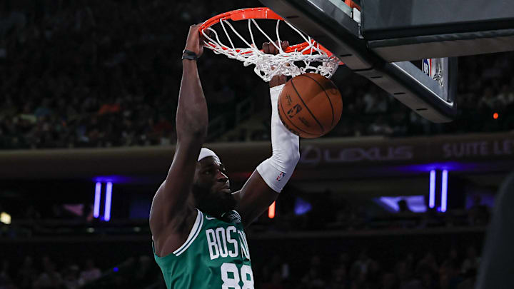 Oct 9, 2023; New York, New York, USA; Boston Celtics center Neemias Queta (88) dunks the ball vs. the New York Knicks. Oct 9, 2023; New York, New York, USA; Boston Celtics center Neemias Queta (88) dunks the ball vs. the New York Knicks.