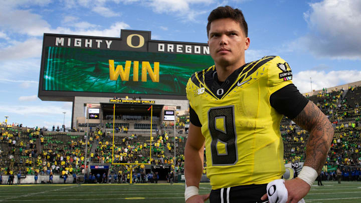 In his sixth year and at his third school, Gabriel has the Ducks undefeated heading into the Big Ten championship. 