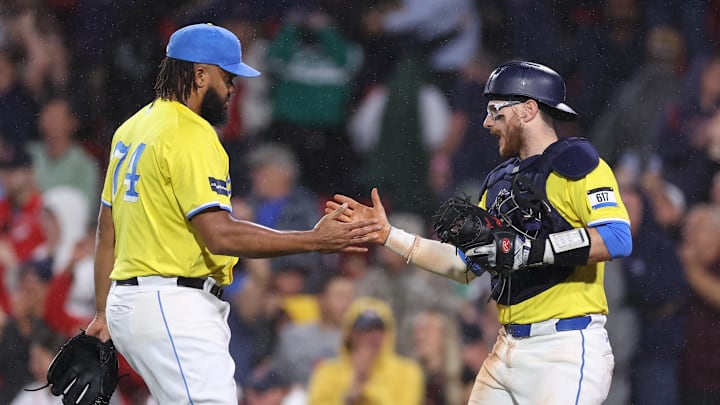 Sep 7, 2024; Boston, Massachusetts, USA; Boston Red Sox relief pitcher Kenley Jansen (74) and Boston Red Sox catcher Danny Jansen (28) celebrate after defeating the Chicago White Sox at Fenway Park. Mandatory Credit: Paul Rutherford-Imagn Images Sep 7, 2024; Boston, Massachusetts, USA; Boston Red Sox relief pitcher Kenley Jansen (74) and Boston Red Sox catcher Danny Jansen (28) celebrate after defeating the Chicago White Sox at Fenway Park. Mandatory Credit: Paul Rutherford-Imagn Images