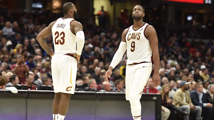 Nov 7, 2017; Cleveland, OH, USA; Cleveland Cavaliers forward LeBron James (23) and guard Dwyane Wade (9) stand on the court in the fourth quarter against the Milwaukee Bucks at Quicken Loans Arena. Mandatory Credit: David Richard-Imagn Images Nov 7, 2017; Cleveland, OH, USA; Cleveland Cavaliers forward LeBron James (23) and guard Dwyane Wade (9) stand on the court in the fourth quarter against the Milwaukee Bucks at Quicken Loans Arena. Mandatory Credit: David Richard-Imagn Images