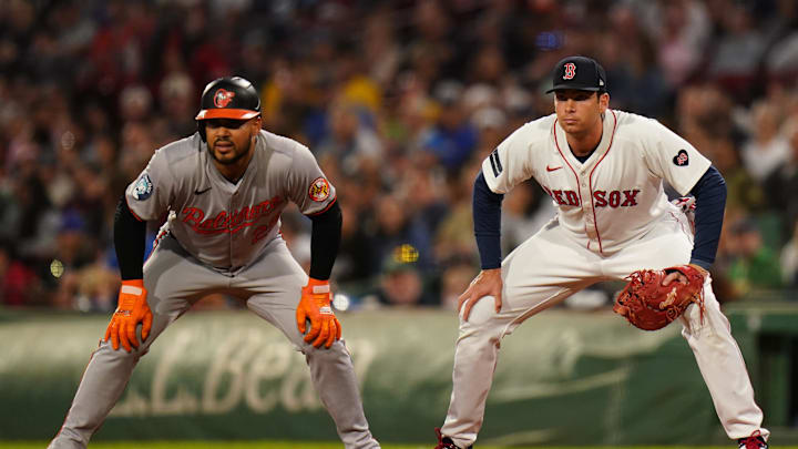 Sep 11, 2024; Boston, Massachusetts, USA; Baltimore Orioles designated hitter Anthony Santander (25) at first base with Boston Red Sox first baseman Triston Casas (36) in the first inning at Fenway Park. Mandatory Credit: David Butler II-Imagn Images Sep 11, 2024; Boston, Massachusetts, USA; Baltimore Orioles designated hitter Anthony Santander (25) at first base with Boston Red Sox first baseman Triston Casas (36) in the first inning at Fenway Park. Mandatory Credit: David Butler II-Imagn Images