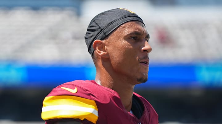 Aug 10, 2024; East Rutherford, New Jersey, USA; Washington Commanders cornerback Benjamin St-Juste (25) exits the field before the game against the New York Jets at MetLife Stadium. Mandatory Credit: Lucas Boland-Imagn Images