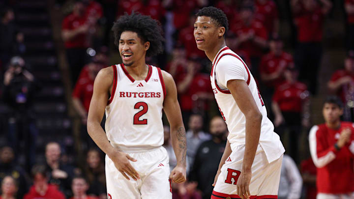 Jan 13, 2025; Piscataway, New Jersey, USA; Rutgers Scarlet Knights guard Dylan Harper (2) celebrates in front of guard Ace Bailey (4) during the second half against the UCLA Bruins at Jersey Mike's Arena. Mandatory Credit: Vincent Carchietta-Imagn Images