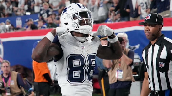 Sep 26, 2024; East Rutherford, New Jersey, USA; Dallas Cowboys wide receiver CeeDee Lamb celebrates after a touchdown against the Giants in the first half at MetLife Stadium. 