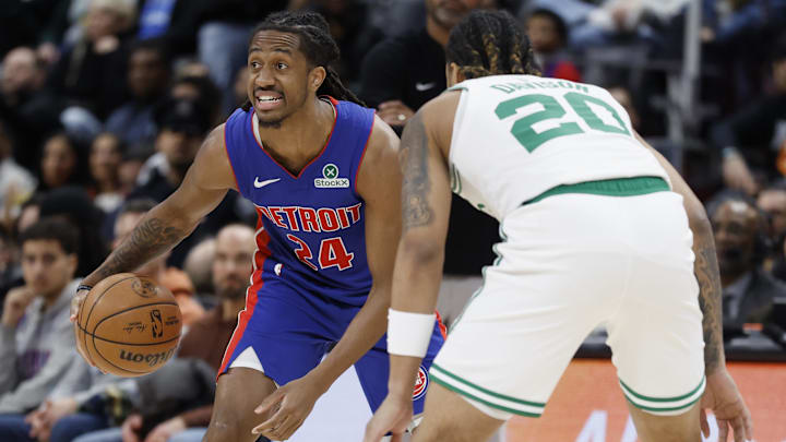 Feb 26, 2025; Detroit, Michigan, USA;  Detroit Pistons guard Daniss Jenkins (24) : Rick Osentoski-Imagn Images