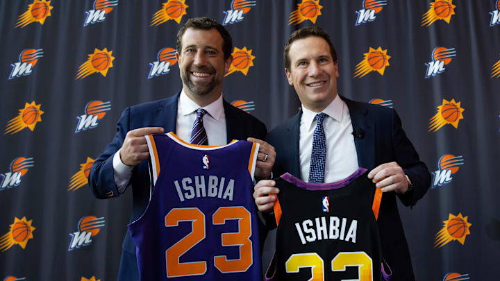 Feb 8, 2023; Phoenix, AZ, USA; Phoenix Suns owner Mat Ishbia (right) and brother Justin Ishbia pose for a photo during an introductory press conference at Footprint Center. Mandatory Credit: Mark J. Rebilas-Imagn Images