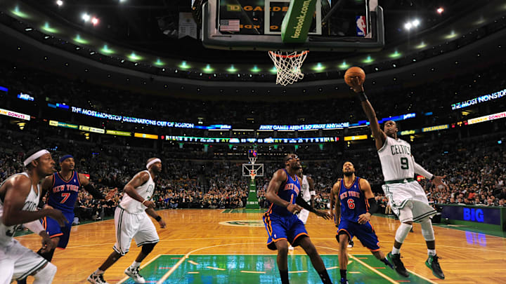 February 3, 2012; Boston, MA, USA; Boston Celtics forward Rajon Rondo (9) scores on a layup against the New York Knicks. February 3, 2012; Boston, MA, USA; Boston Celtics forward Rajon Rondo (9) scores on a layup against the New York Knicks.