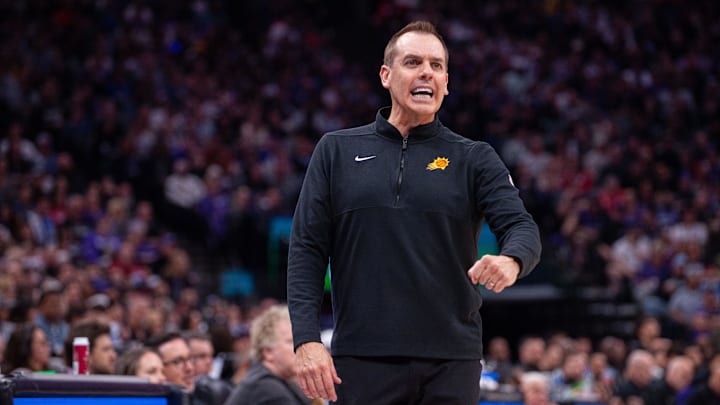 Apr 12, 2024; Sacramento, California, USA; Phoenix Suns head coach Frank Vogel reacts to a call. Apr 12, 2024; Sacramento, California, USA; Phoenix Suns head coach Frank Vogel reacts to a call.