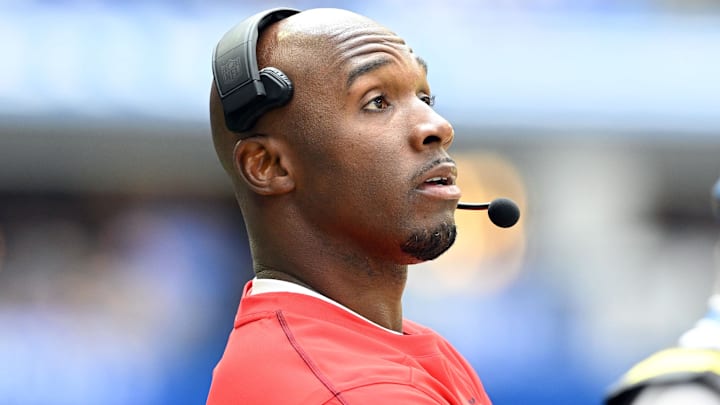 Sep 8, 2024; Indianapolis, Indiana, USA;  Houston Texans head coach DeMeco Ryans reacts to a call during the first quarter against the Indianapolis Colts at Lucas Oil Stadium. Mandatory Credit: Marc Lebryk-Imagn Images