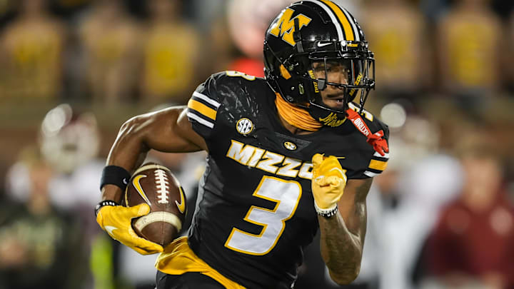 Nov 9, 2024; Columbia, Missouri, USA; Missouri Tigers wide receiver Luther Burden III (3) runs with the ball during the first half against the Oklahoma Sooners at Faurot Field at Memorial Stadium. Mandatory Credit: Jay Biggerstaff-Imagn Images Nov 9, 2024; Columbia, Missouri, USA; Missouri Tigers wide receiver Luther Burden III (3) runs with the ball during the first half against the Oklahoma Sooners at Faurot Field at Memorial Stadium. Mandatory Credit: Jay Biggerstaff-Imagn Images