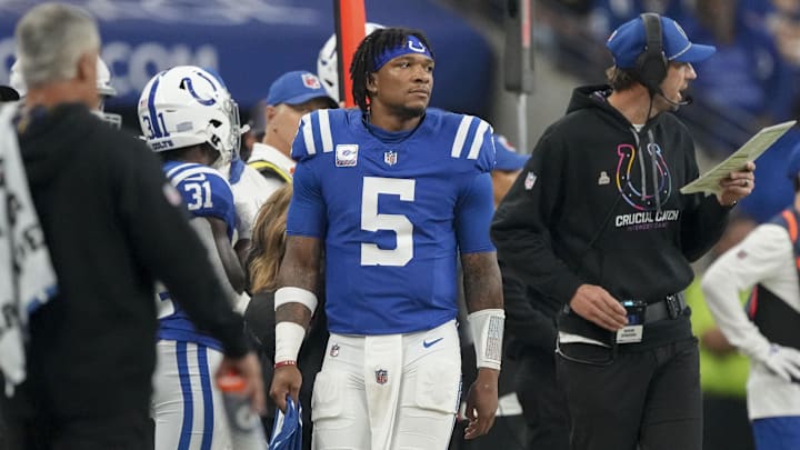 Indianapolis Colts quarterback Anthony Richardson (5) walks the sidelines Sunday, Sept. 29, 2024, during a game against the Pittsburgh Steelers at Lucas Oil Stadium.