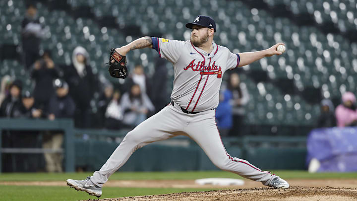 Apr 1, 2024; Chicago, Illinois, USA; Atlanta Braves relief pitcher Tyler Matzek (68) pitches against the Chicago White Sox during the ninth inning at Guaranteed Rate Field. Mandatory Credit: Kamil Krzaczynski-Imagn Images
