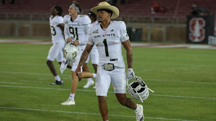 Sacramento State quarterback Kaiden Bennett celebrates after beating Stanford. Sacramento State quarterback Kaiden Bennett celebrates after beating Stanford.