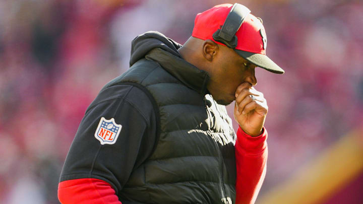 Dec 21, 2024; Kansas City, Missouri, USA; Houston Texans head coach DeMeco Ryans reacts after an injury to wide receiver Tank Dell (not pictured) during the second half against the Kansas City Chiefs at GEHA Field at Arrowhead Stadium. Mandatory Credit: Jay Biggerstaff-Imagn Images