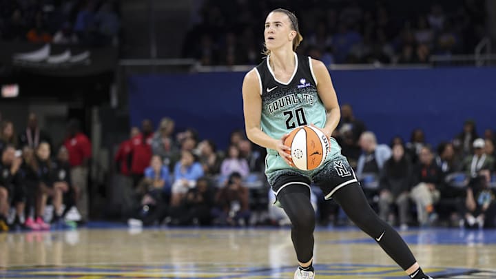 New York Liberty guard Ionescu looks to shoot against the Chicago Sky at Wintrust Arena. 
