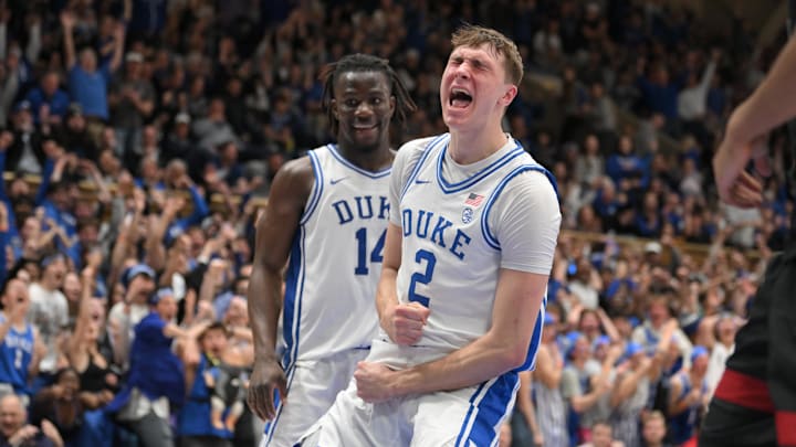 Feb 15, 2025; Durham, North Carolina, USA;  Duke Blue Devils forward Cooper Flagg (2) celebrating after dunking against the Stanford Cardinal during the second half at Cameron Indoor Stadium. Mandatory Credit: Zachary Taft-Imagn Images