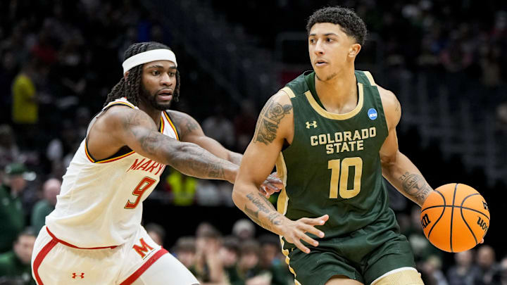 Maryland guard Selton Miguel defends Colorado State guard Nique Clifford.