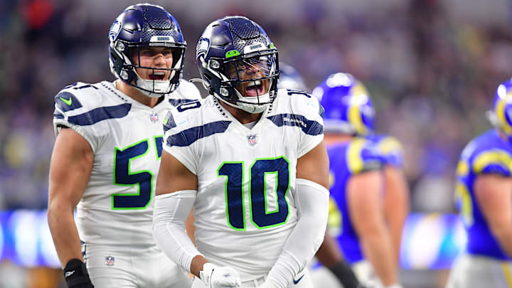 Dec 4, 2022; Inglewood, California, USA; Seattle Seahawks linebacker Uchenna Nwosu (10) and linebacker Cody Barton (57) react against the Los Angeles Rams during the second half at SoFi Stadium. Dec 4, 2022; Inglewood, California, USA; Seattle Seahawks linebacker Uchenna Nwosu (10) and linebacker Cody Barton (57) react against the Los Angeles Rams during the second half at SoFi Stadium.