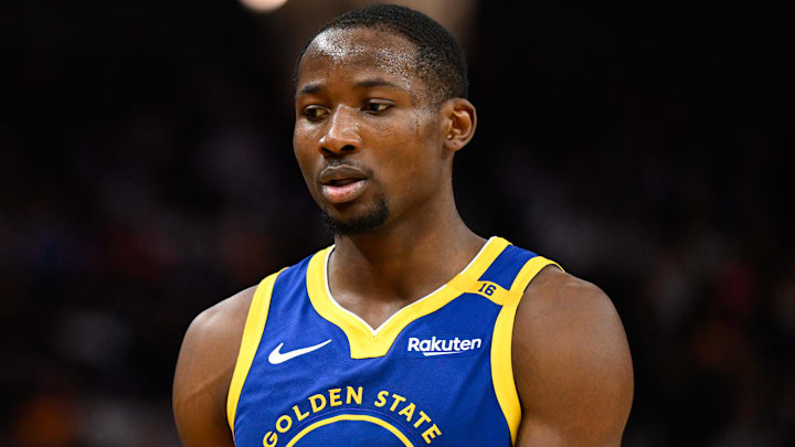Dec 23, 2024; San Francisco, California, USA; Golden State Warriors forward Jonathan Kuminga (00) looks on against the Indiana Pacers in the third quarter at Chase Center. Mandatory Credit: Eakin Howard-Imagn Images