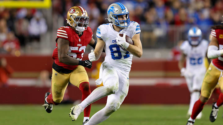 Dec 30, 2024; Santa Clara, California, USA; Detroit Lions tight end Sam LaPorta (87) during the game against the San Francisco 49ers at Levi's Stadium. Mandatory Credit: Sergio Estrada-Imagn Images
