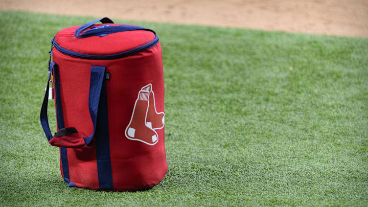 Apr 29, 2021; Arlington, Texas, USA; A view of the Boston Red Sox logo and a field bag during batting practice before the game between the Texas Rangers and the Boston Red Sox at Globe Life Field. Mandatory Credit: Jerome Miron-Imagn Images Apr 29, 2021; Arlington, Texas, USA; A view of the Boston Red Sox logo and a field bag during batting practice before the game between the Texas Rangers and the Boston Red Sox at Globe Life Field. Mandatory Credit: Jerome Miron-Imagn Images