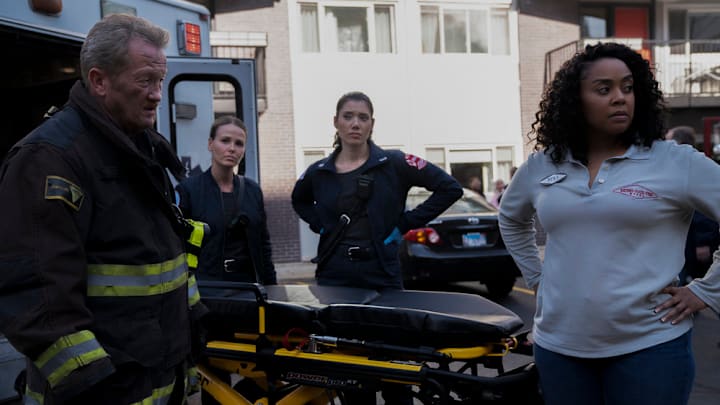 CHICAGO FIRE -- "A Favor" Episode 13009 -- Pictured: (l-r) Christian Stolte as Randy "Mouch" McHolland, Jocelyn Hudon as Lyla Novak, Hanako Greensmith as Violet Mikami