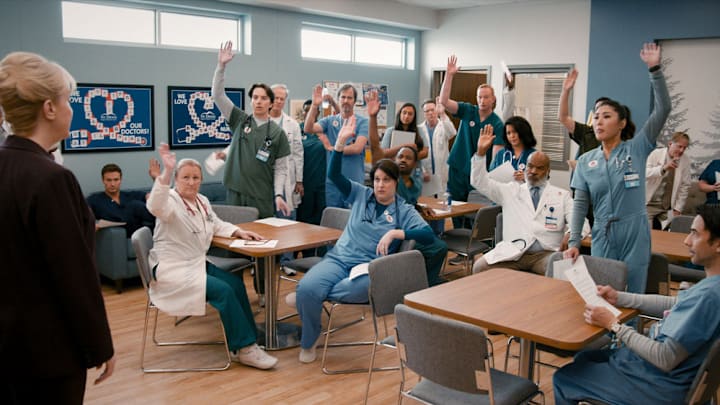 ST. DENIS MEDICAL -- "50 CC's of Kindness" Episode 107 -- Pictured: (l-r) Wendi Mclendon Covey as Joyce, Josh Lawson as Dr. Bruce, Mekki Leeper as Matt, Allison Tolman as Alex, David Alan Grier as Dr. Ron, Kahyun Kim as Serena -- (Photo by: NBC)
