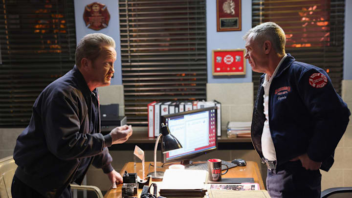 CHICAGO FIRE -- "Bar Time" Episode 13014 -- Pictured: (l-r) Christian Stolte as Randy "Mouch" McHolland, David Eigenberg as Christopher Herrmann -- (Photo by: George Burns Jr/NBC)