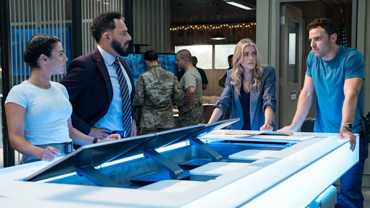 THE HUNTING PARTY -- "Mark Marsden" Episode 107 -- Pictured: (l-r) Sara Garcia as Jennifer Morales, Patrick Sabongui as Jacob Hassani, Melissa Roxburgh as Rebecca 'Bex' Henderson, Josh McKenzie as Shane Florence -- (Photo by: James Dittiger/NBC)