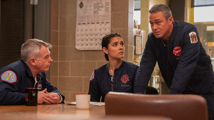 CHICAGO FIRE -- "In The Rubble" Episode 13016 -- Pictured: (l-r) David Eigenberg as Christopher Herrmann, Miranda Rae Mayo as Stella Kidd, Taylor Kinney as Kelly Severide -- (Photo by: Peter Gordon/NBC)