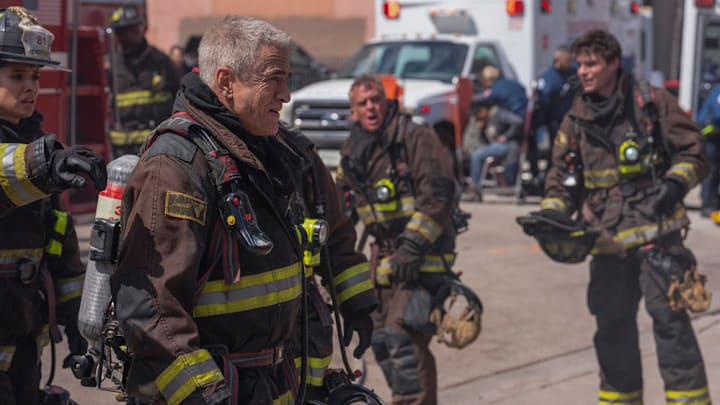 CHICAGO FIRE -- "It Had To End This Way" Episode 13022 -- Pictured: (l-r) Miranda Rae Mayo as Stella Kidd, Dermot Mulroney as Chief Dom Pascal, David Eigenberg as Christopher Herrmann, Michael Bradway As Jack Damon -- (Photo by: Peter Gordon/NBC)