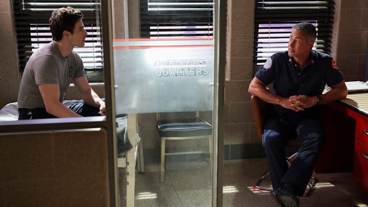 CHICAGO FIRE -- "Ride the Blade" Episode 13002 -- Pictured: (l-r) Michael Bradway as Damon, Taylor Kinney as Kelly Severide -- (Photo by: George Burns Jr/NBC)