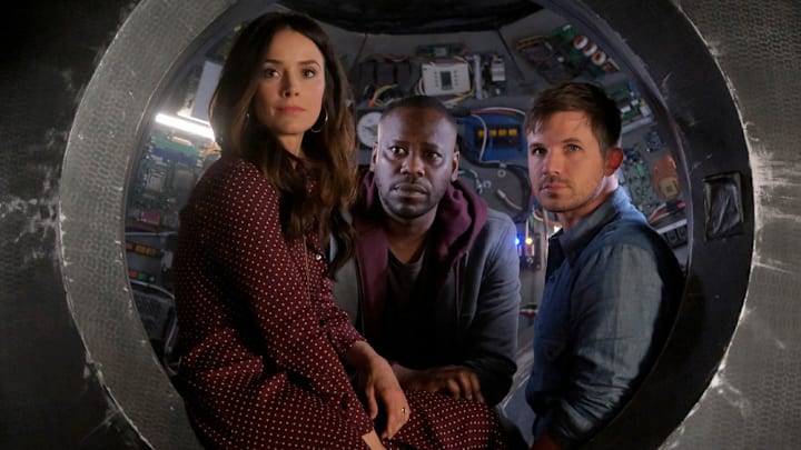 TIMELESS -- "The Miracle of Christmas Part II" Episode 212 -- Pictured: (l-r) Abigail Spencer as Lucy Preston, Malcolm Barrett as Rufus Carlin, Matt Lanter as Wyatt Logan -- (Photo by: Darren Michaels/Sony/NBC)