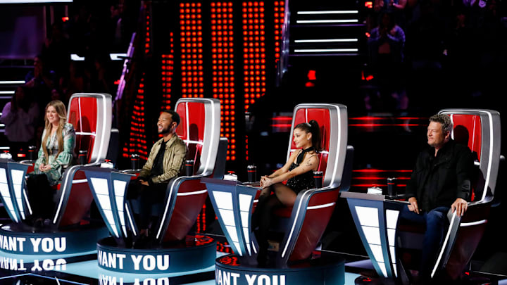 THE VOICE -- "Blind Auditions" -- Pictured: (l-r) Kelly Clarkson, John Legend, Ariana Grande, Blake Shelton -- (Photo by: Trae Patton/NBC)