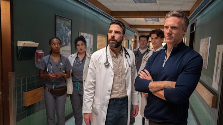 BRILLIANT MINDS -- "Phantom Hook" Episode 201 -- Pictured: (l-r) Ashleigh LaThrop as Dr. Ericka Kinney, Aury Krebs as Dr. Dana Dang, Zachary Quinto as Dr. Oliver Wolf, Alex MacNicoll as Dr. Van Markus, Brian Altemus as Dr. Charlie Porter, Teddy Sears as Dr. Josh Nichols -- (Photo by: Pief Weyman/NBC)
