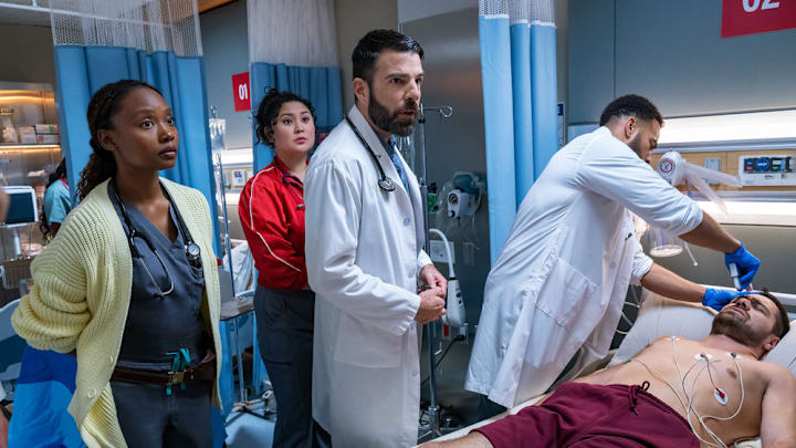 BRILLIANT MINDS -- "Phantom Hook" Episode 201 -- Pictured: (l-r) Ashleigh LaThrop as Dr. Ericka Kinney, Aury Krebs as Dr. Dana Dang, Zachary Quinto as Dr. Oliver Wolf, John Clarence Stewart as Dr. Anthony Thorne, Duke Davis Roberts as Tommy -- (Photo by: Pief Weyman/NBC)