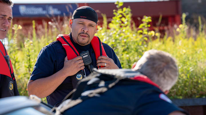 CHICAGO FIRE -- "In The Blood" Episode 1403 -- Pictured: (l-r) Taylor Kinney as Kelly Severide, Joe Miñoso as Joe Cruz, David Eigenberg as Christopher Herrmann -- (Photo by: Peter Gordon/NBC)